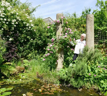Beautiful outdoor garden flowering in spring. A middle aged women in a white jacket is holding a flower up to inspect in the center of the image.